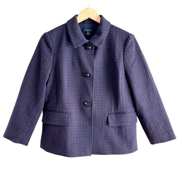 Ann‎ Taylor Textured Cotton Blend Blazer Three Buttons in Navy Blue, Size 12P - Picture 1 of 9